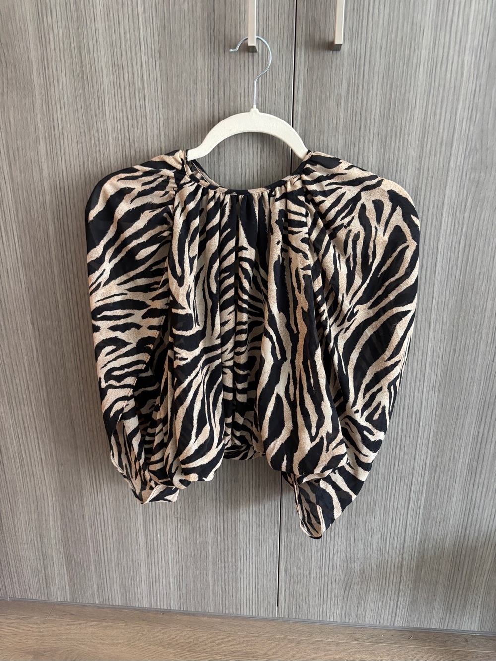 H&M Black and Beige Zebra-Print Puff Sleeve Blouse